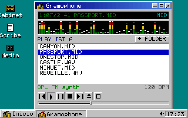 CastaliaOS 92: the Gramophone media player on a teal desktop showing PASSPORT.MID at 1:07 of 2:41, a spectrum analyser, a six-track playlist, OPL FM synth and a grey taskbar with an Inicio button.