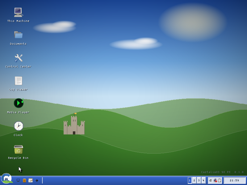 CastaliaOS 98 PE desktop: rolling green hills under a blue sky with clouds, a small castle, a column of icons named This Machine, Documents, Control Center, Log Viewer, Media Player, Clock and Recycle Bin, and a blue taskbar with a clock reading 21:59.