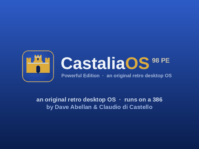 Animated tour of CastaliaOS 98 PE: opening the Start panel, the file manager, the media player and the benchmark.