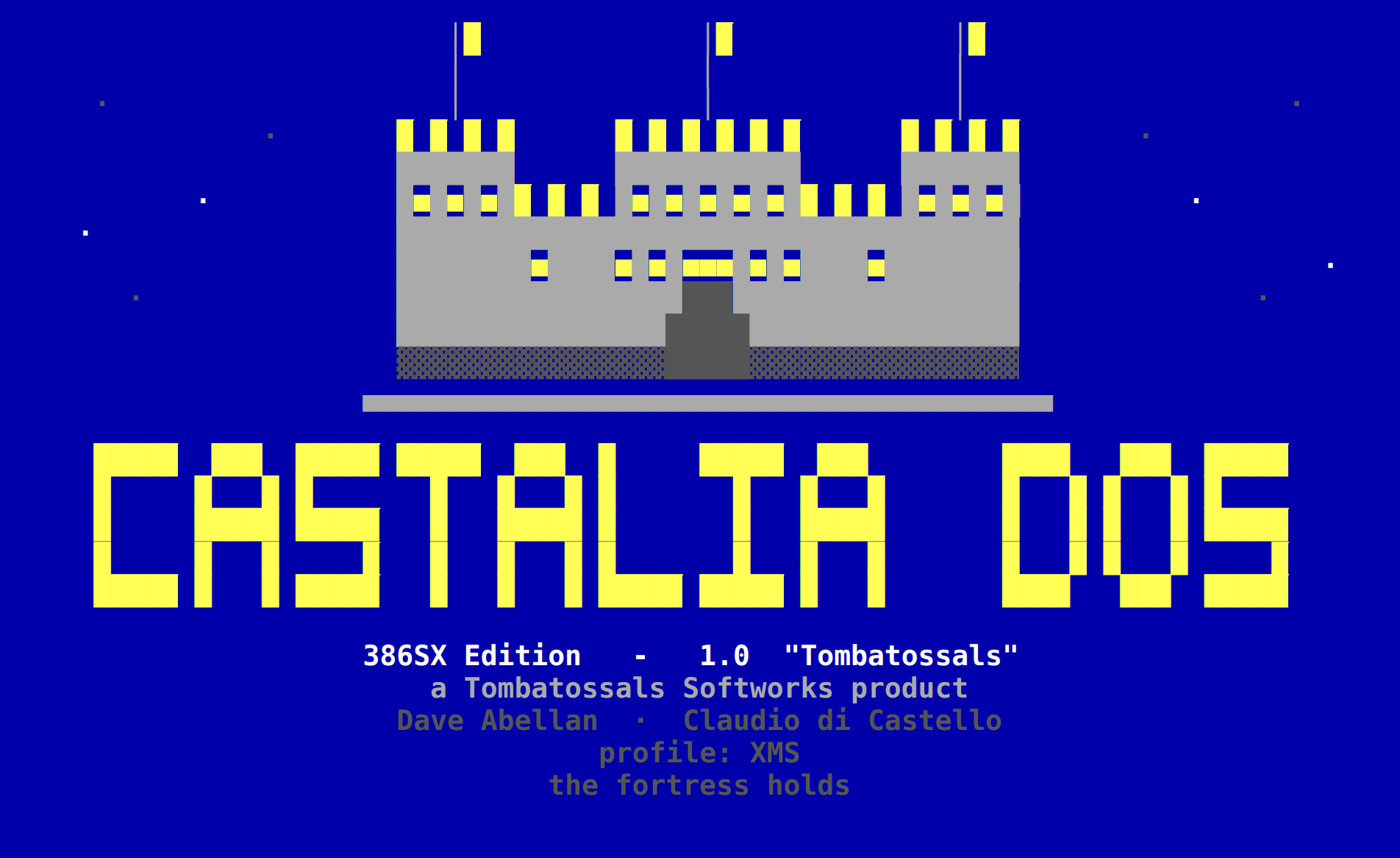 Boot banner with the fortress keep and the CASTALIA DOS wordmark in amber on blue.