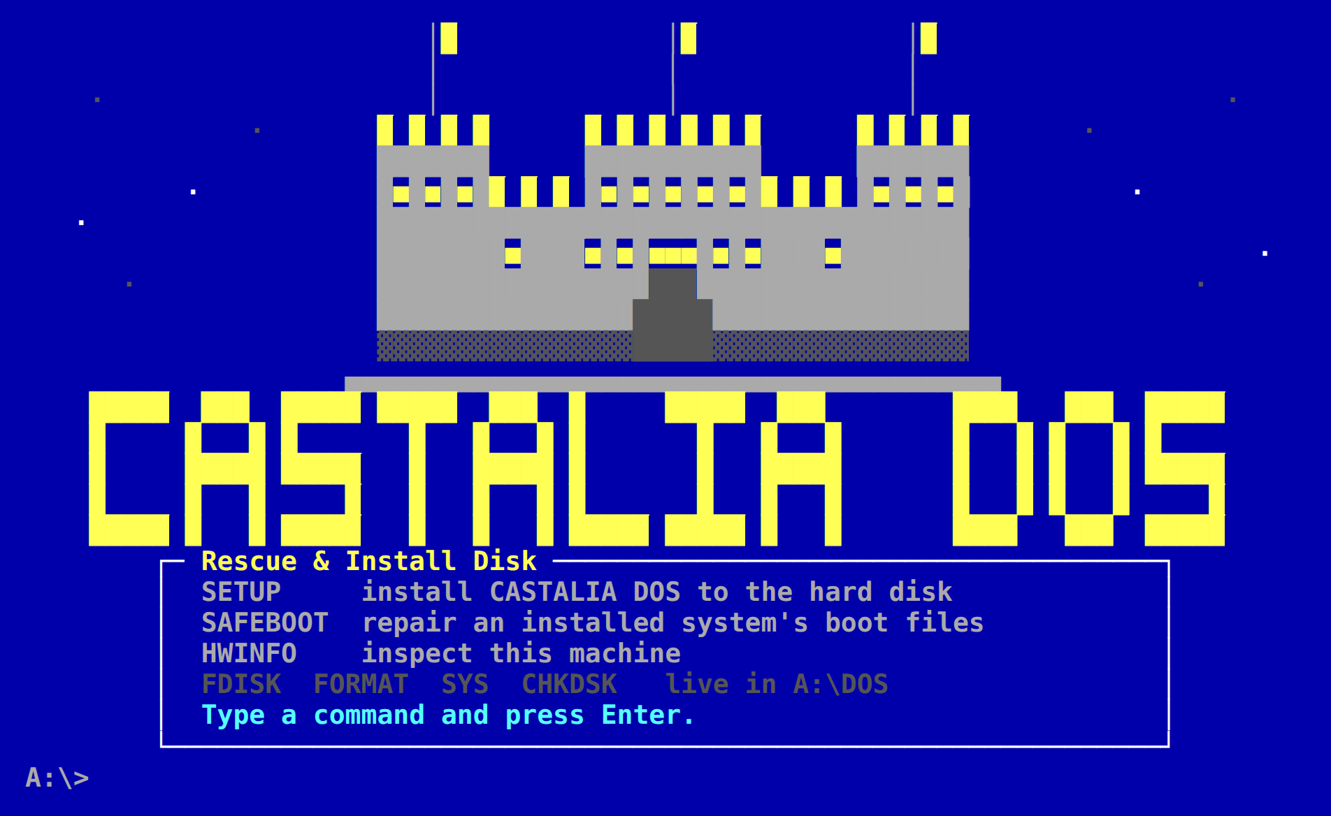 Rescue and install disk panel offering SETUP, SAFEBOOT and HWINFO above an A: prompt.
