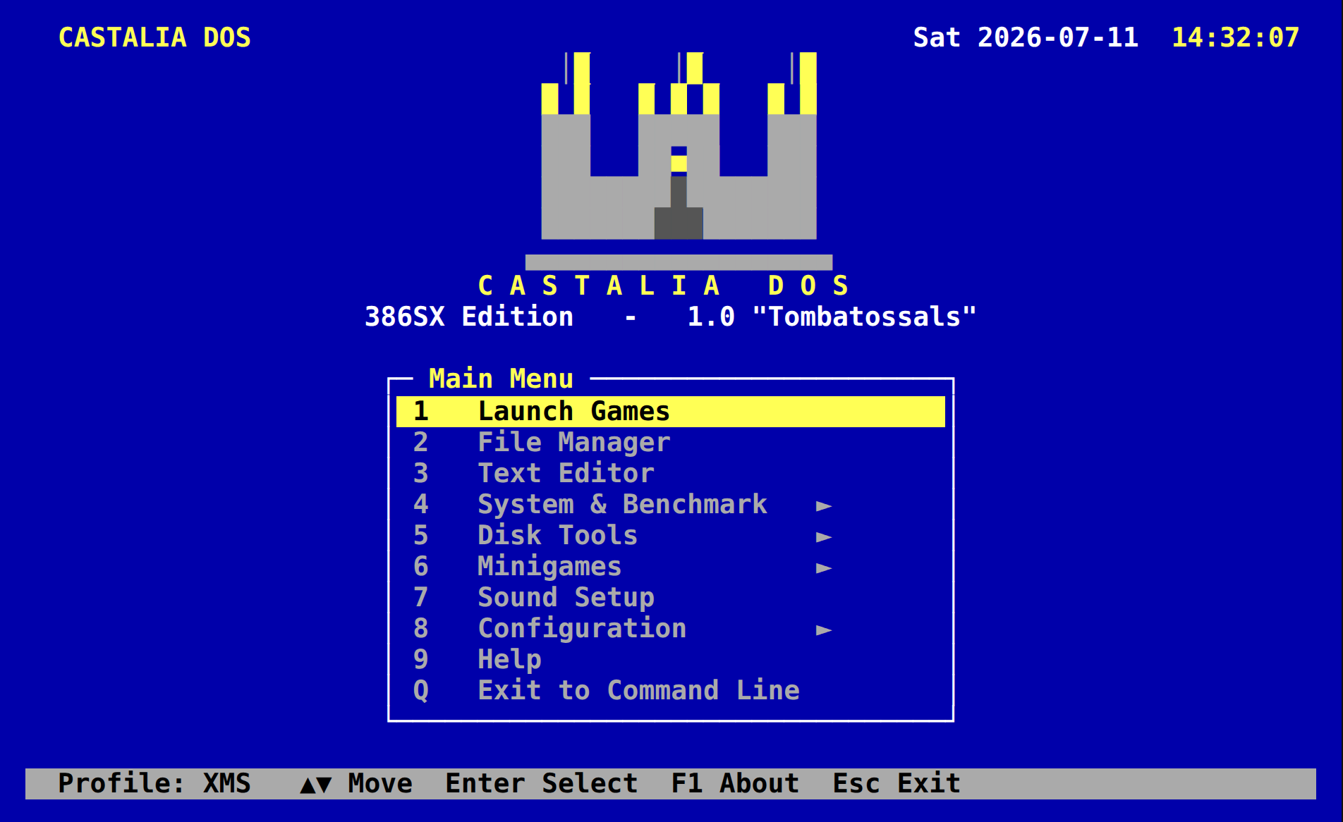 Castalia DOS main menu: a compact grey keep above a blue panel listing Launch Games, File Manager, Text Editor, System and Benchmark, Disk Tools, Minigames, Sound Setup, Configuration and Help, with a status bar reading Profile: XMS.