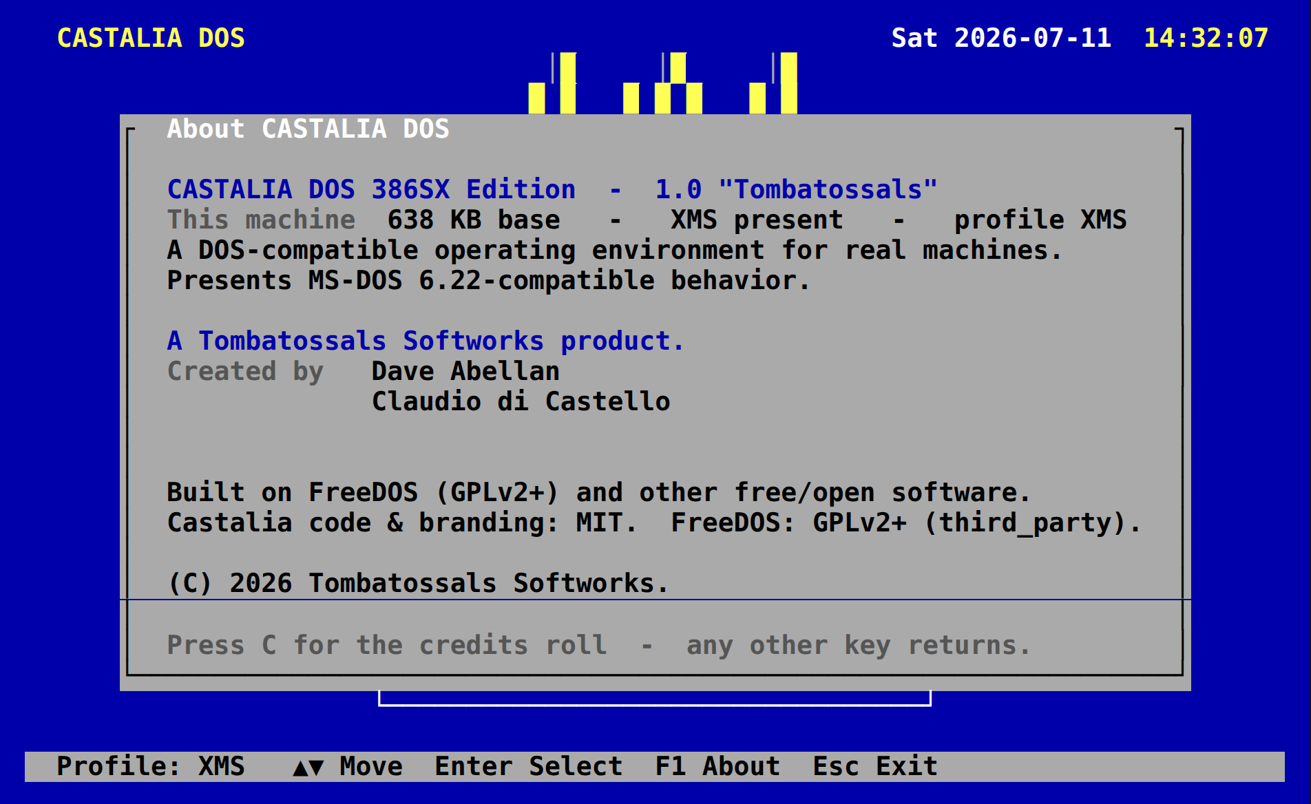 About panel stating the version, 638 KB base memory, the XMS profile and that it is built on FreeDOS.