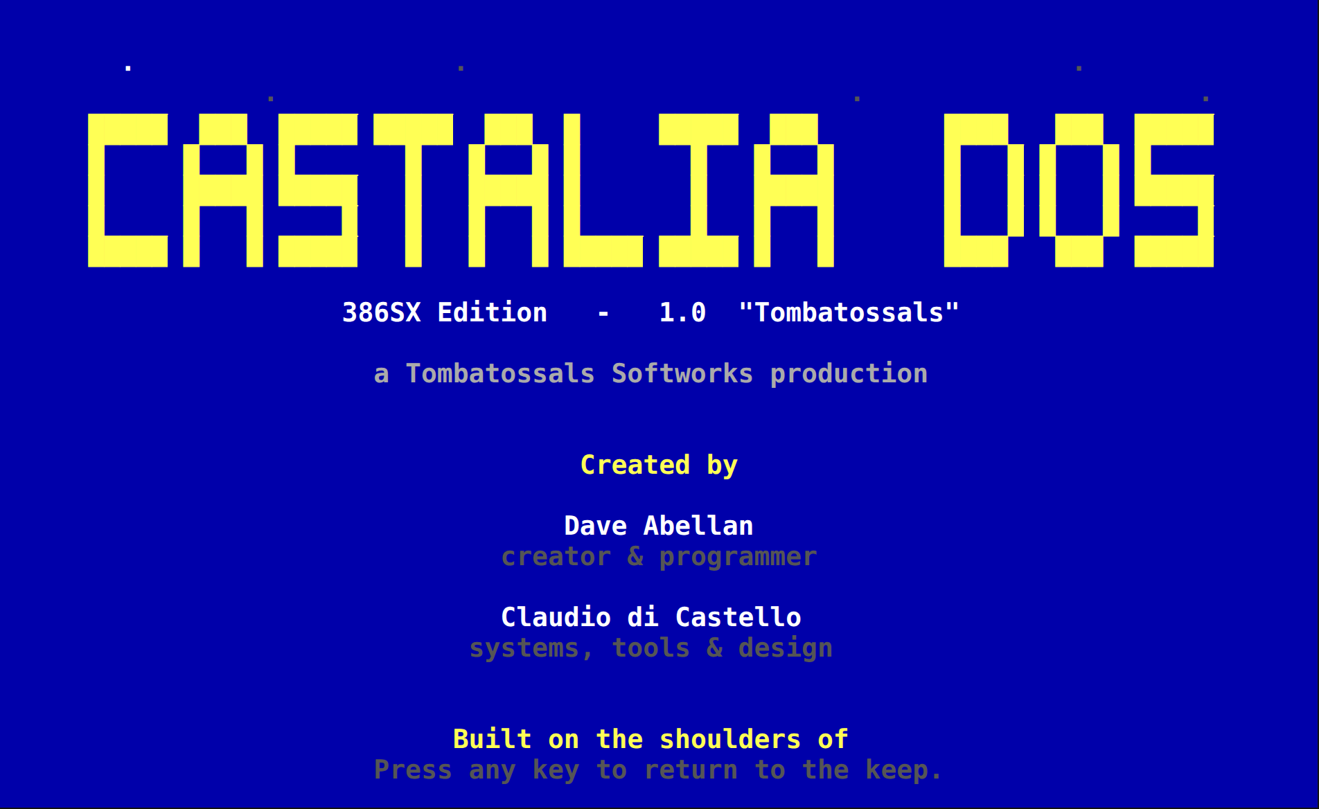 Castalia DOS credits roll: a Tombatossals Softworks production, Dave Abellan creator and programmer, Claudio di Castello systems, tools and design.